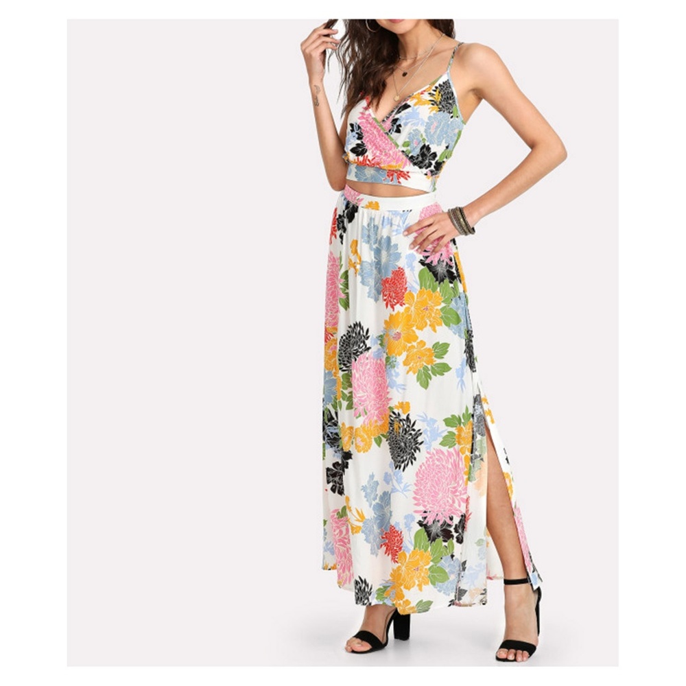 White Floral Sleeveless Crop top Maxi Skirt Set - Picture 2 of 4